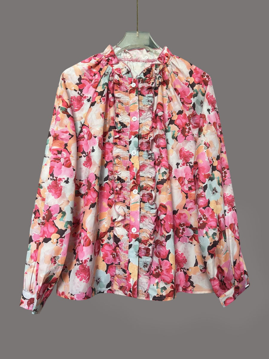 Floral Print Ruffled Round Neck Long-sleeved Shirt
