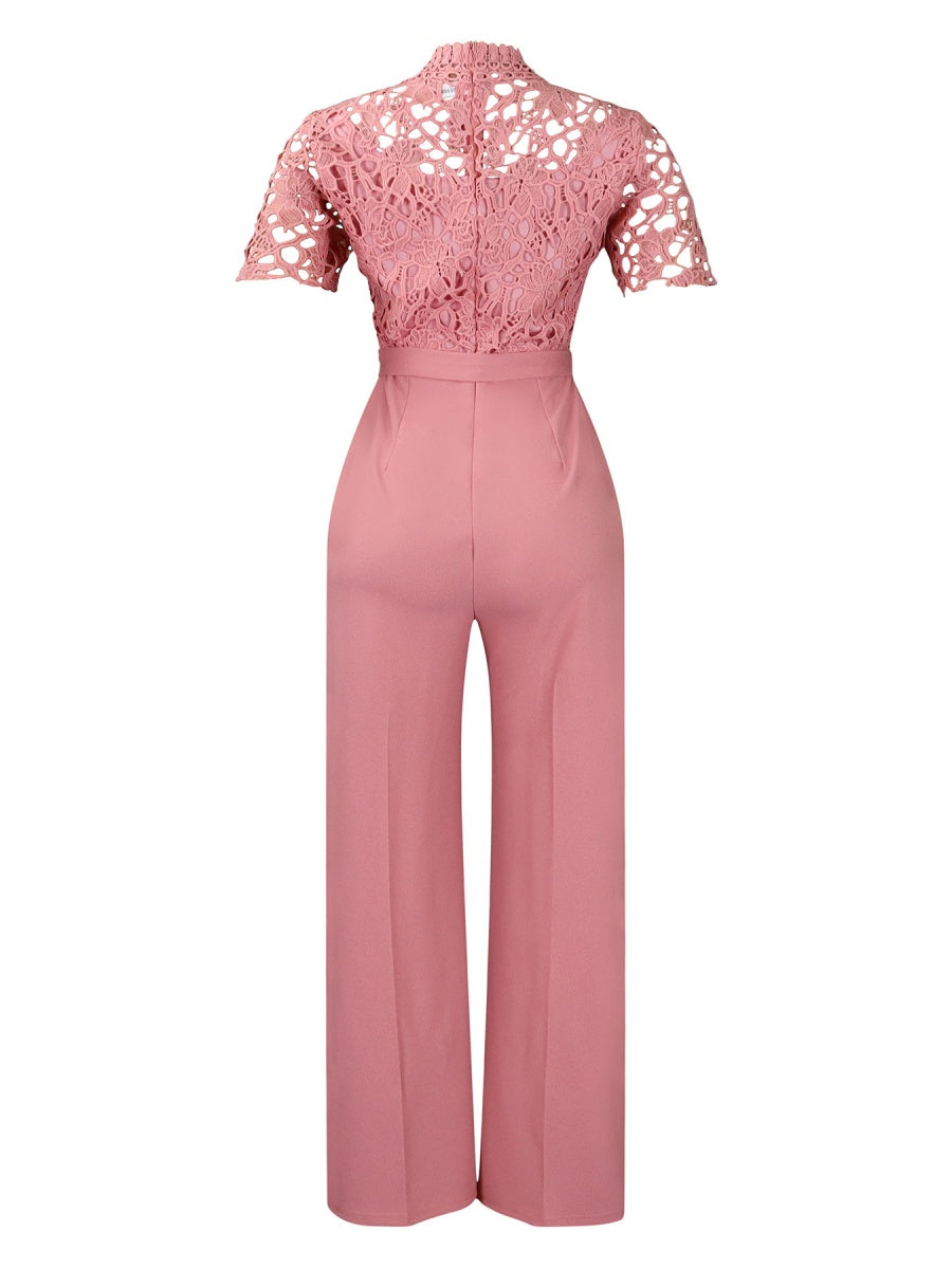 Lace Trim Hollow Short Sleeve Bandage High Waist Wide Leg Jumpsuits