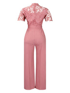 Lace Trim Hollow Short Sleeve Bandage High Waist Wide Leg Jumpsuits