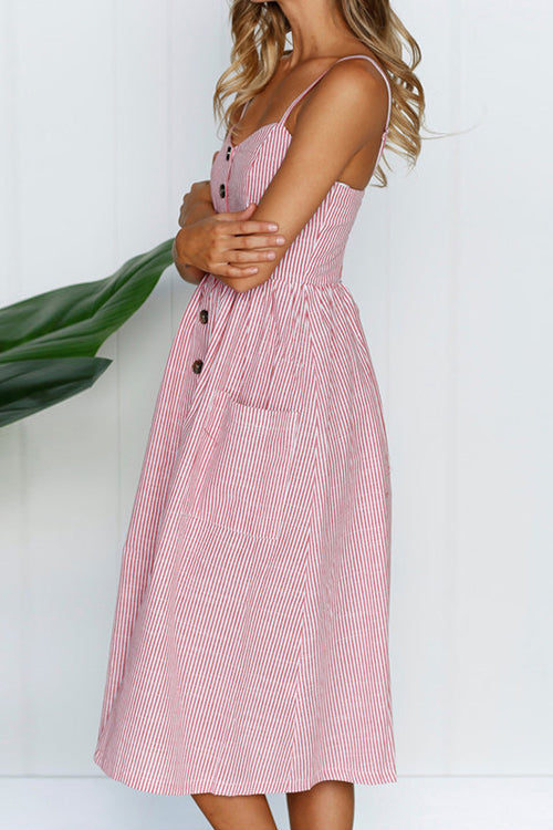 Sunflower Print Spaghetti Strap Button Front Fit and Flare Midi Dress