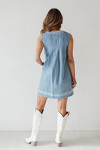 Embroidered V-Neck Tie Drawstring Lace Trim Pocket Chambray Mini Dress