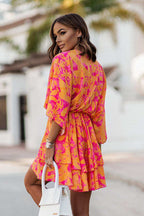 Abstract Print Plunging V-Neck Twist Front Bell Sleeve Tiered Mini Dress