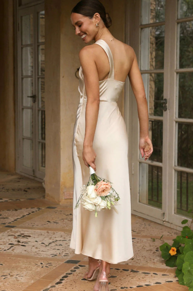 Satin One Shoulder Knot Strap Bias Cut Midi Dress