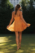 Halter Neck Ruched Tiered Ruffle Hem Mini Dress