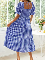 Plaid Puff Sleeve U-neck Mini&Short Dresses