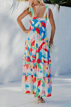 Bow Shoulder Ruffle Tiered Printed Flowy Maxi Cami Dress