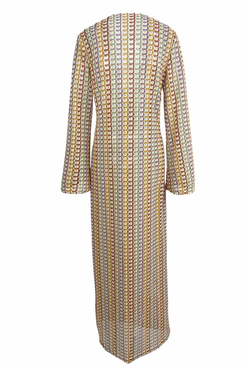 Pilar Chic Boho V Neck Bell Sleeve Maxi Dress, Wavy Striped Crochet Beach Holiday Dress Evening Wear Edit