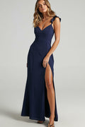Deep V-Neck Ruffle Strap Thigh Slit Floor Length Maxi Dress