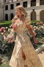 Ditsy Floral Milkmaid Puff Sleeve Side Slit Midi Dress