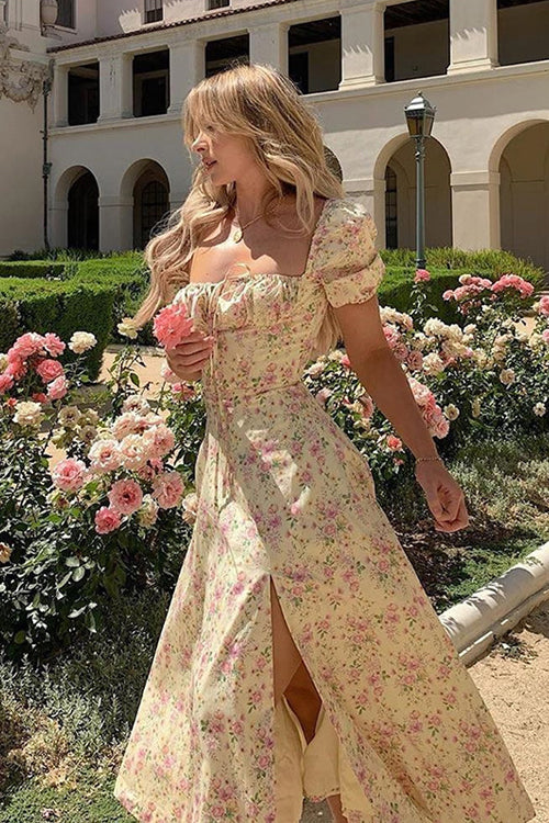 Ditsy Floral Milkmaid Puff Sleeve Side Slit Midi Dress