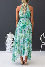 V Neck Waisted Cut Out Floral Pleated Maxi Dress