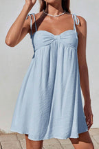 Tie Shoulder Sweetheart Gathered Bust Knot Detail Empire Waist Babydoll Mini Dress