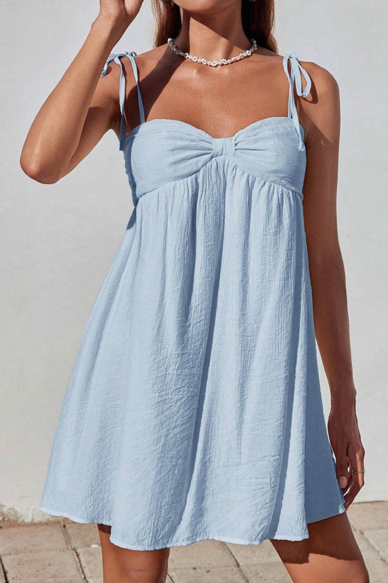 Tie Shoulder Sweetheart Gathered Bust Knot Detail Empire Waist Babydoll Mini Dress