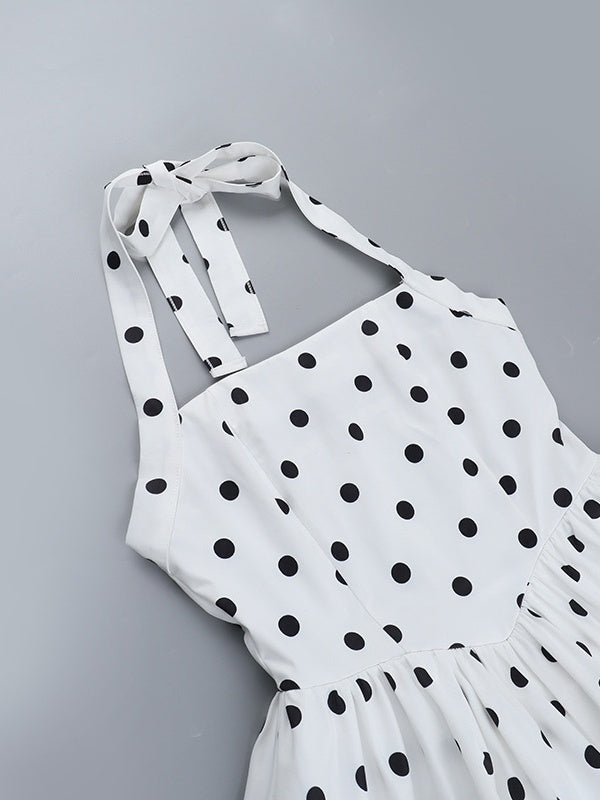 Polka Dots Printed A-line Halter Neck Short Dress