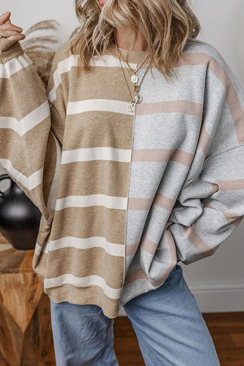 Long Sleeves Color Block Striped Oversized Sweatshirt