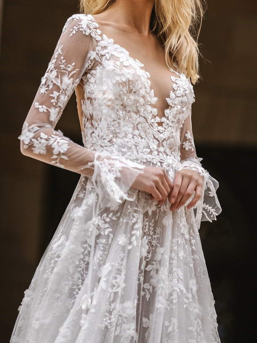Sexy Long Sleeve V-neck Thin Bridal Wedding Maxi Dresses