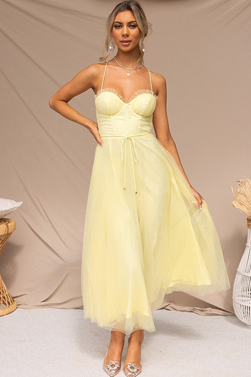 Tulle Corset Sweetheart Spaghetti Strap Tie Waist Midi Dress