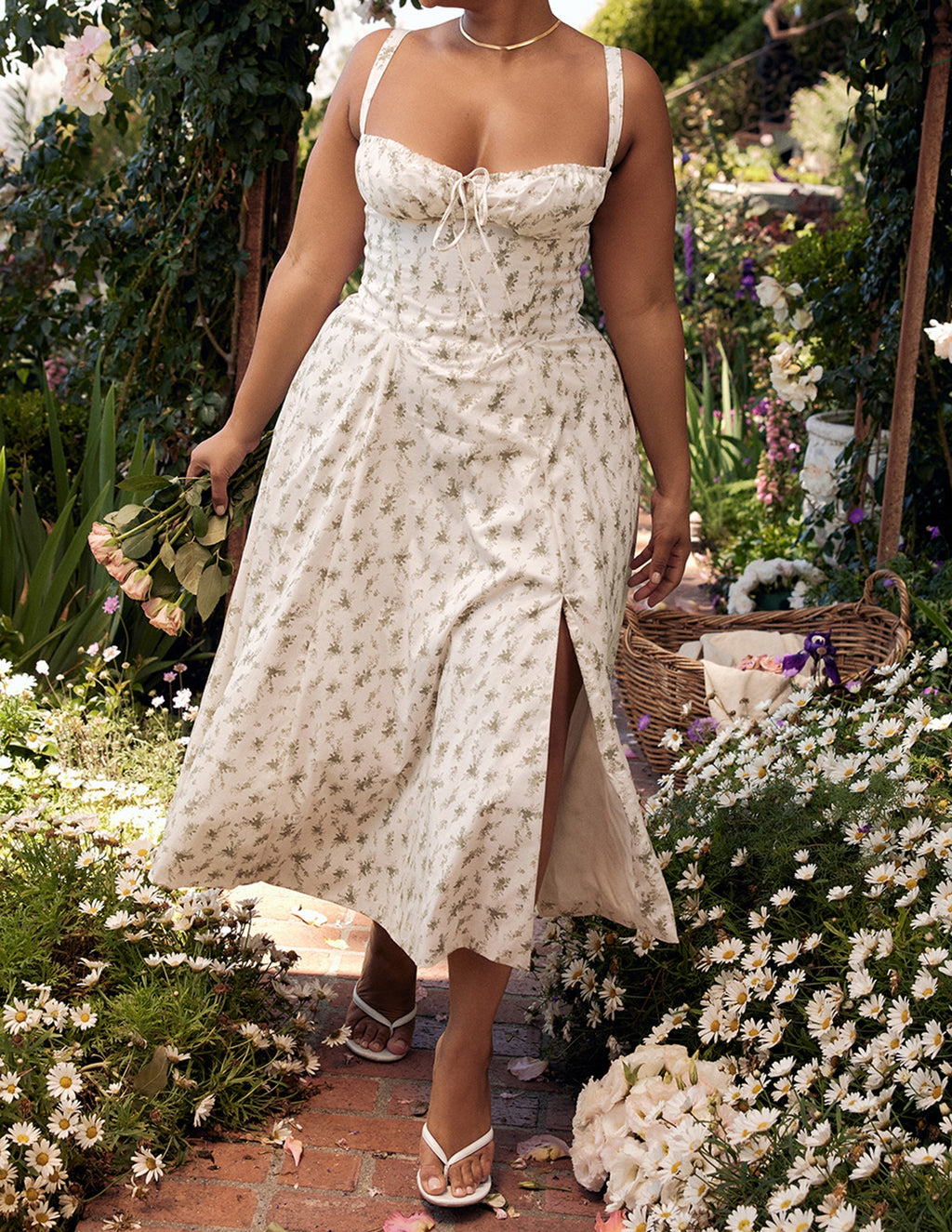 Ditsy Floral Print Sweetheart Corset Front Slit Midi Dress