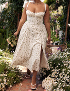 Ditsy Floral Print Sweetheart Corset Front Slit Midi Dress