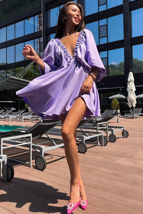 Crinkle Texture Deep V-Neck Puff Sleeve Babydoll Mini Dress