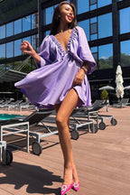 Crinkle Texture Deep V-Neck Puff Sleeve Babydoll Mini Dress
