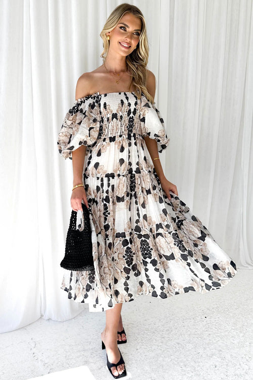Botanical Floral Print Off Shoulder Smocked Puff Sleeve Tiered Midi Dress