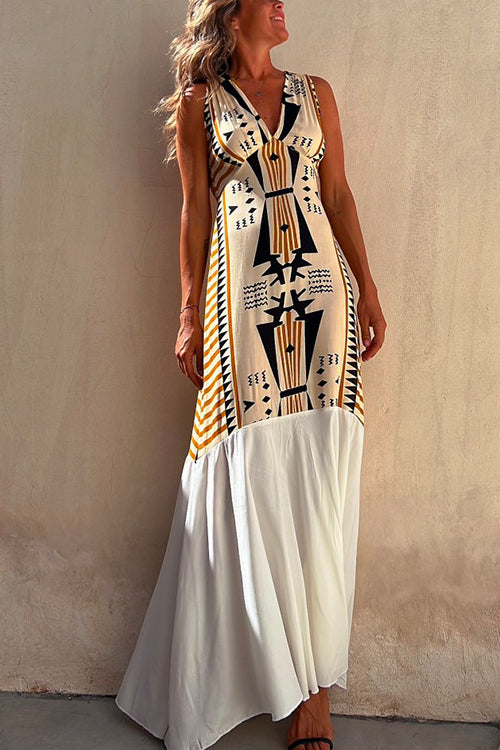 Sleeveless V Neck Printed Splice Maxi Swing Dress