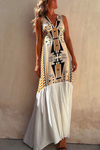 Sleeveless V Neck Printed Splice Maxi Swing Dress