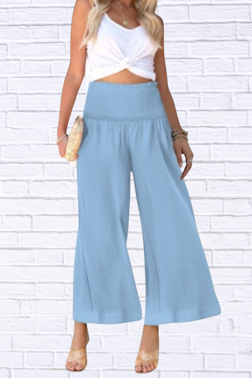 Wide-Leg Smocked Waist Pants