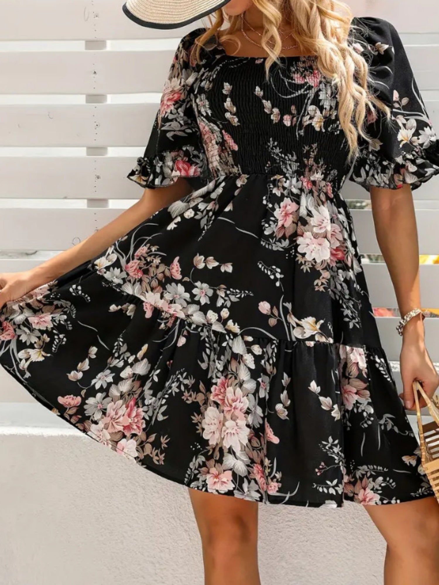 Printed Pleated Square Neck Short Sleeve Mini&Short Dresses