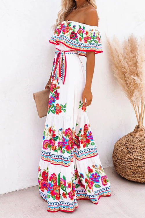 Off Shoulder Ruffle Bardot Tiered Sash Tie Tropical Floral Maxi Dress
