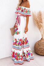 Off Shoulder Ruffle Bardot Tiered Sash Tie Tropical Floral Maxi Dress