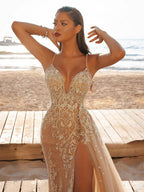 Sleeveless V-neck Lace Cutout Maxi Dresses