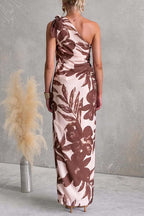 Tie Knot One Shoulder Sleeveless Floral Print Maxi Dress