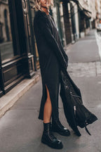Knit Crew Neck Long Sleeve Relaxed Side Split Midi Dress