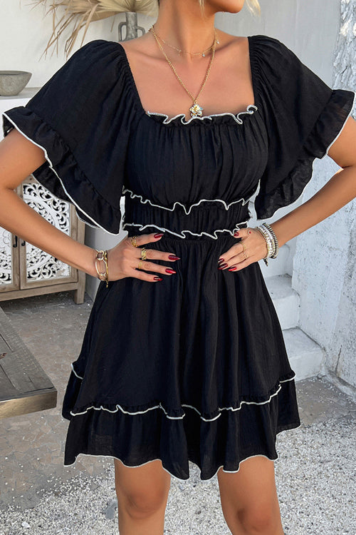 Contrast Trim Off Shoulder Ruffle Neck Smocked Waist Tiered Mini Dress