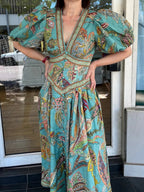 Printed Balloon Sleeve V-neck Temperament Waist Maxi Dresses