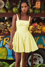 Square Neck Sleeveless Bow Back Pleated Volume Skater Mini Dress