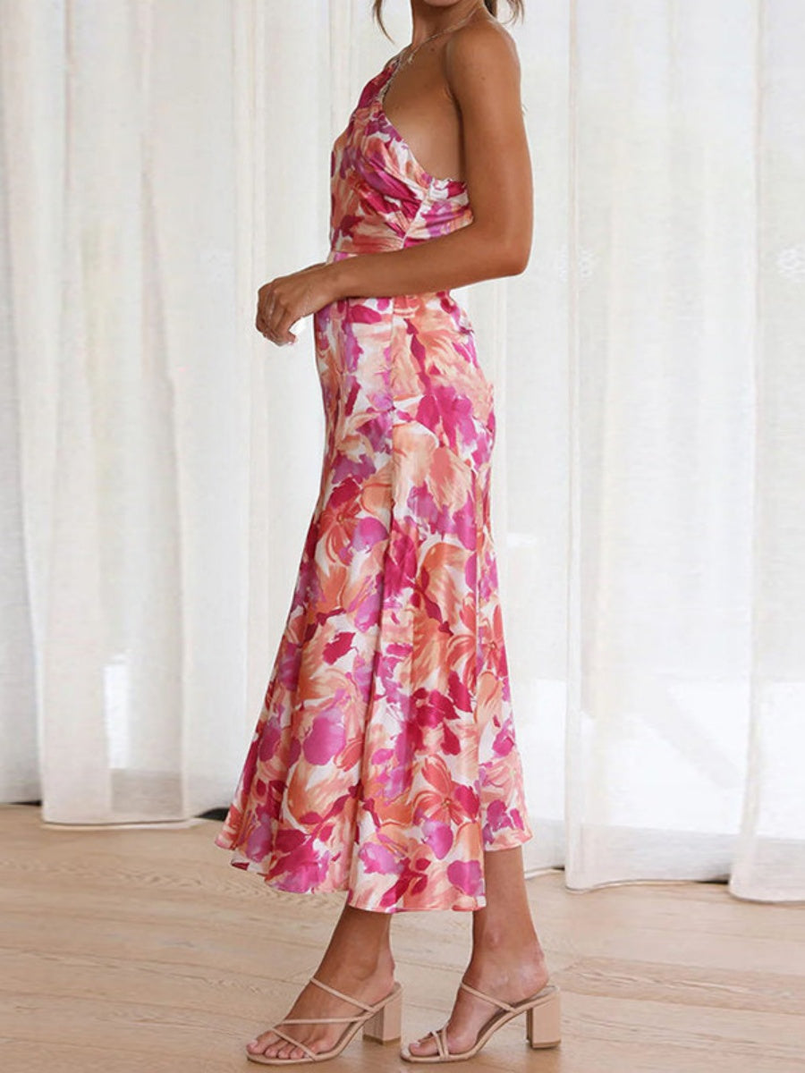 Sloping Shoulders Printed Temperament Fishtail Midi Dresses