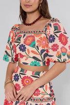 Puff Sleeves Back Cut Out Floral Print Crop Top