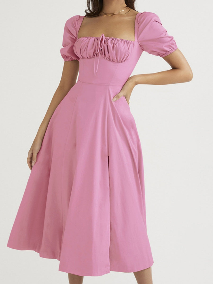 Square Collar Bandage Puff Sleeve Slit Midi Dresses