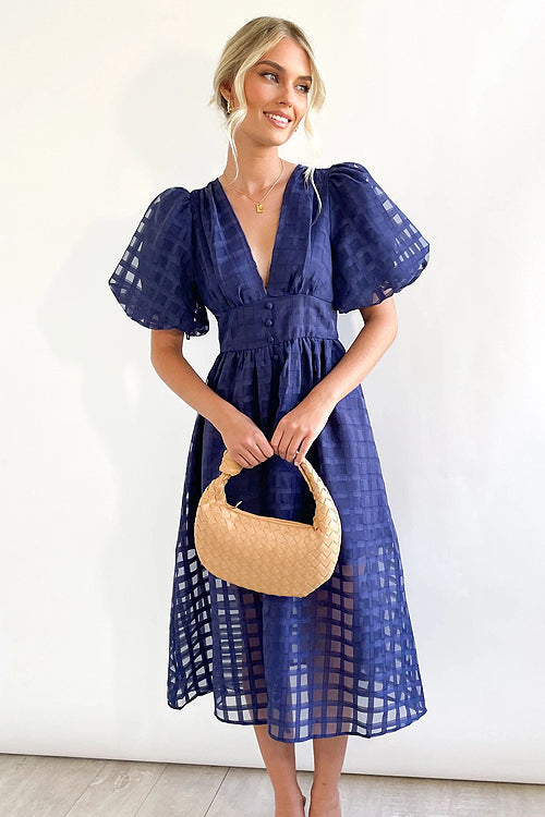 Puff Sleeve Sheer Grid Check Empire Waist Button Front Midi Dress