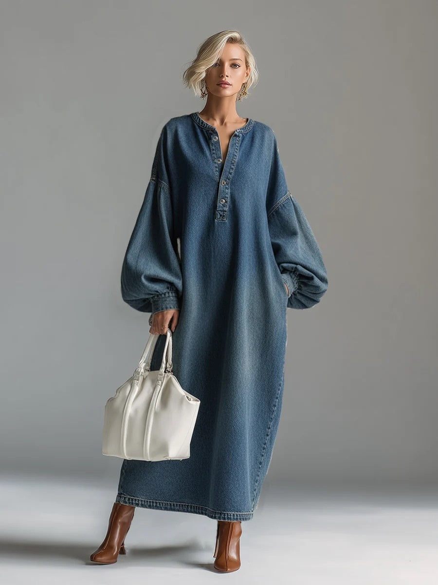 Lantern Sleeve Midi Denim Skirt