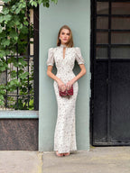 V-neck Temperament Floral Puff Sleeve Maxi Dresses