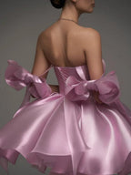 Glossy Fabric, Bow Design, Spaghetti Strap Mini Dress