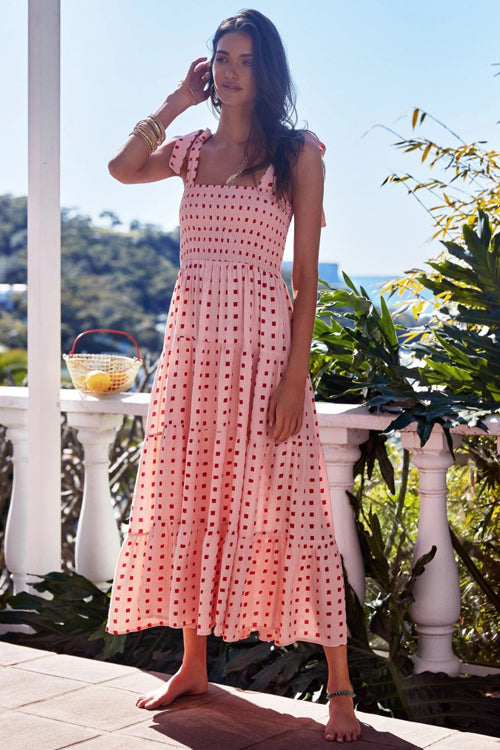 Floral Print Smocked Tie Shoulder Tiered Ruffle Maxi Dress