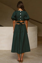 Deep V-Neck Puff Sleeve Side Waist Cutout A-Line Midi Dress