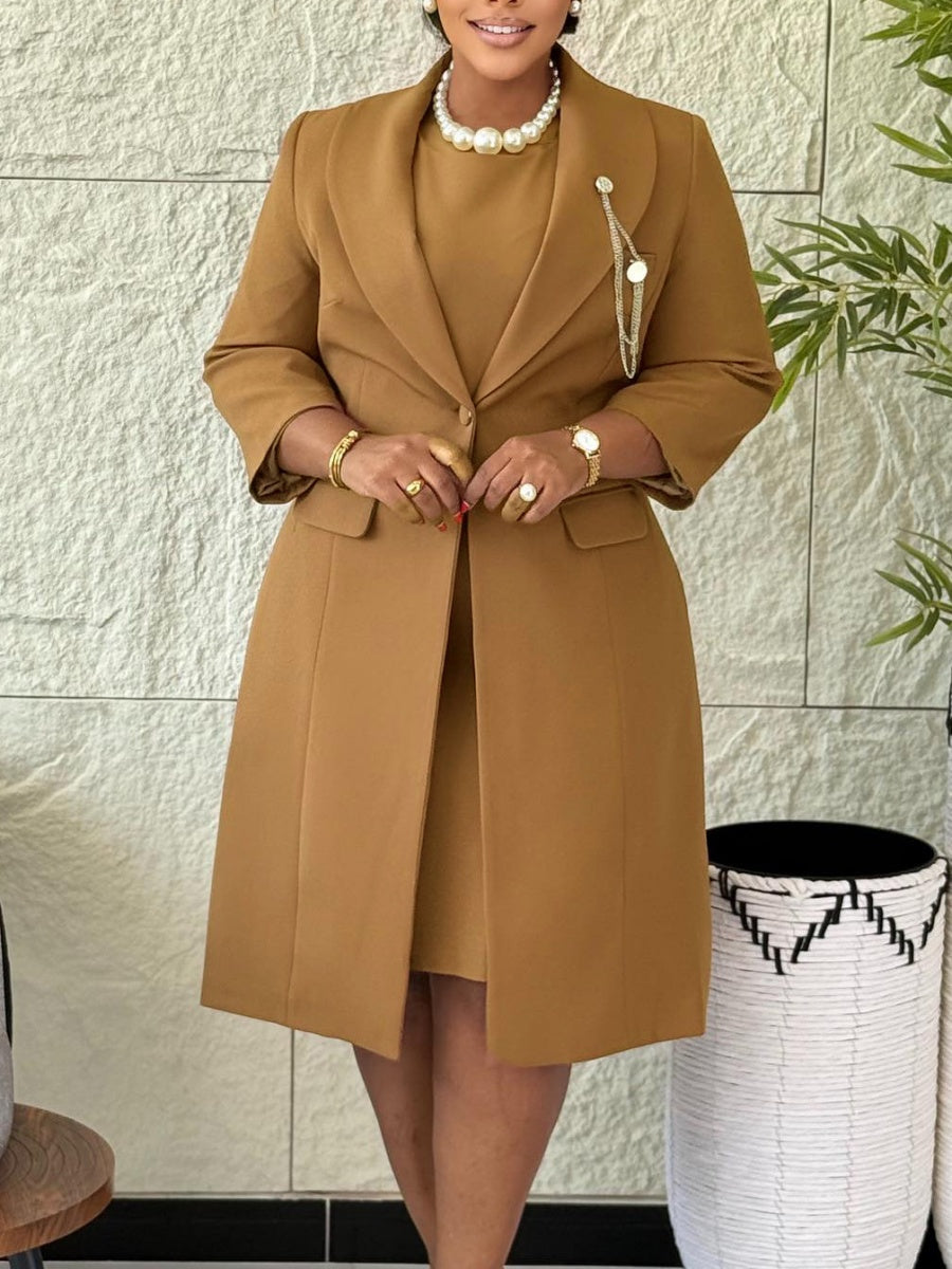 Slim Fit Long Suit Jacket Suspender Skirt 2-piece Sets