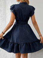 Polka Dots Lotus Leaf Sleeves A-line Skirt Lace Up Mini&Short Dresses