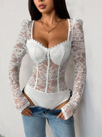 Openwork Lace Trim Spliced Square Neck Tight-fitting Long Sleeves Bodysuits